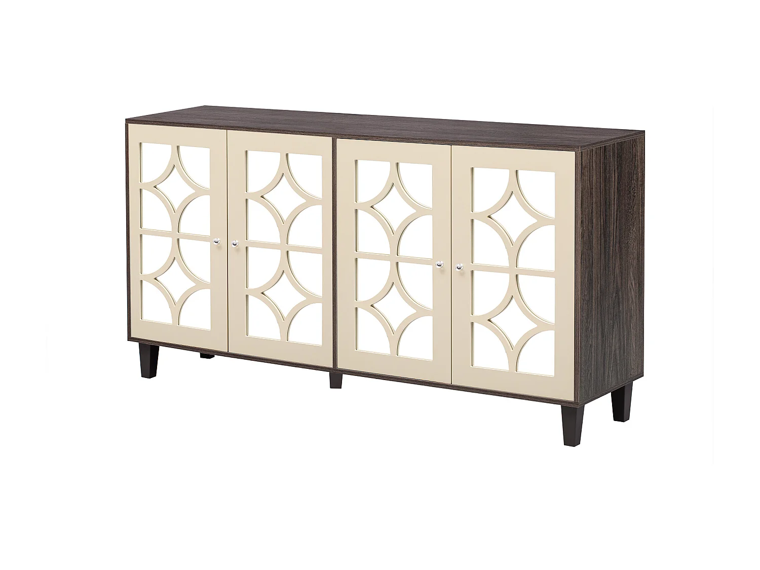 Spiegel-Sideboard mit coolen Kristallgriffen, 4 Türen, mit abnehmbarem Laminat, 160 x 40 x 85 cm
