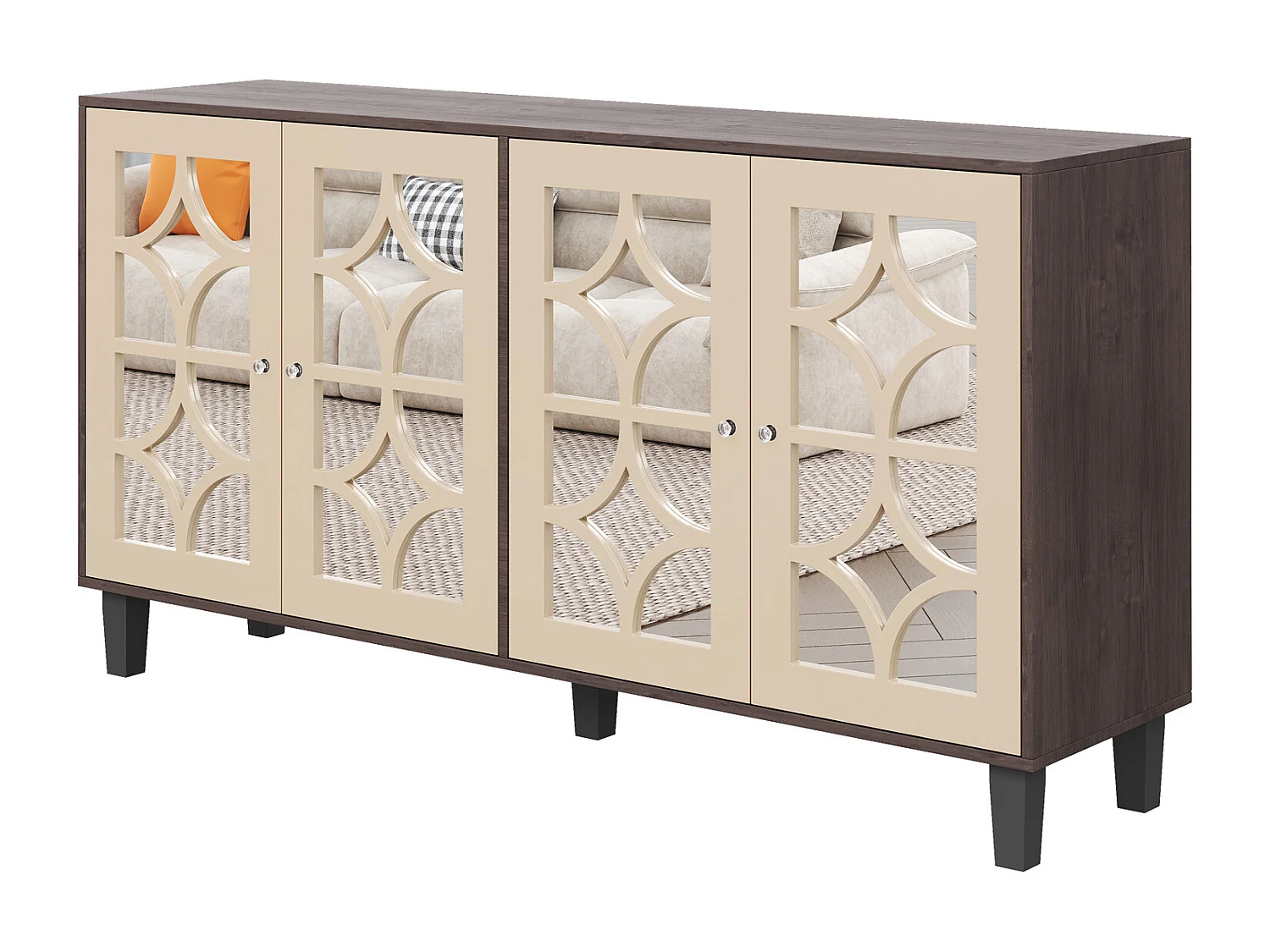 Spiegel-Sideboard mit coolen Kristallgriffen, 4 Türen, mit abnehmbarem Laminat, 160 x 40 x 85 cm