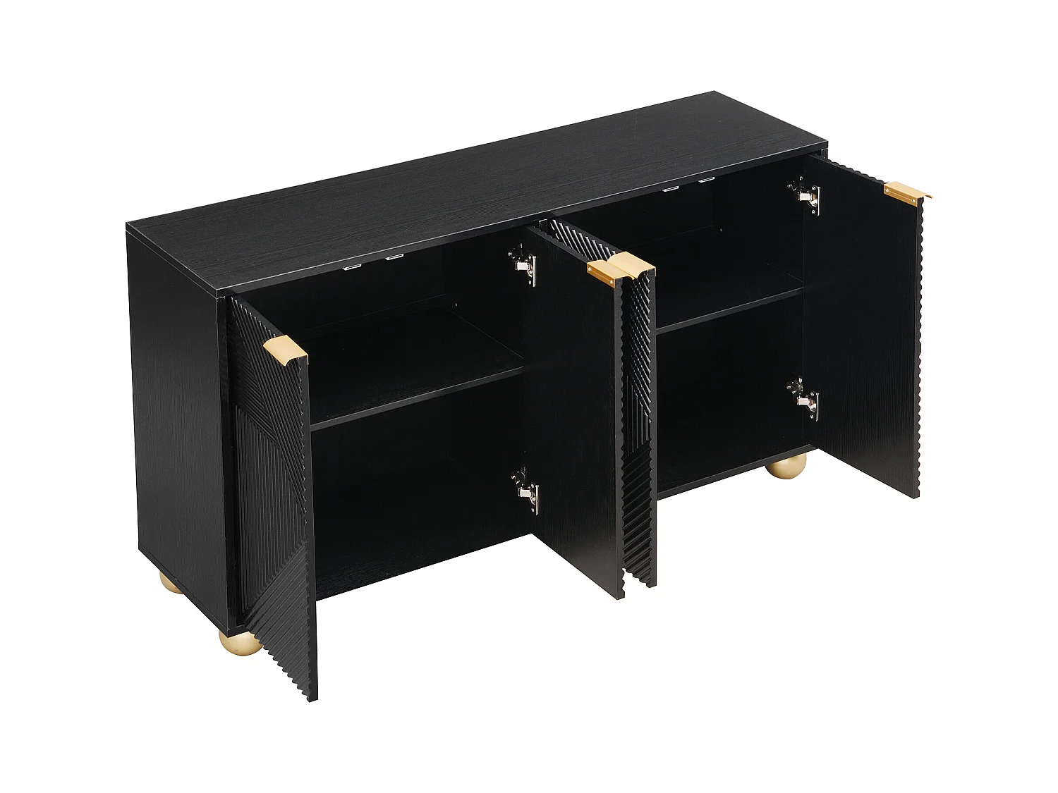 Buffet à quatre portes, étagères intérieures réglables, poignées en métal et pieds sphériques, noir