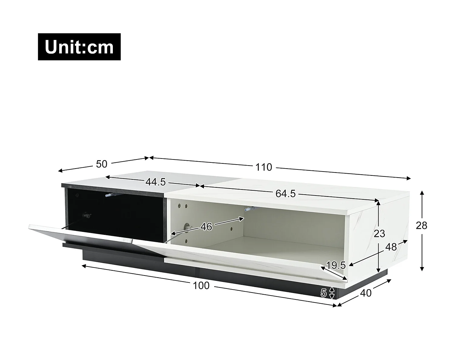 Salontafel 110x50x28cm - marmerlook fineer tafel, 2-deurs design - zwart + wit spaanplaat