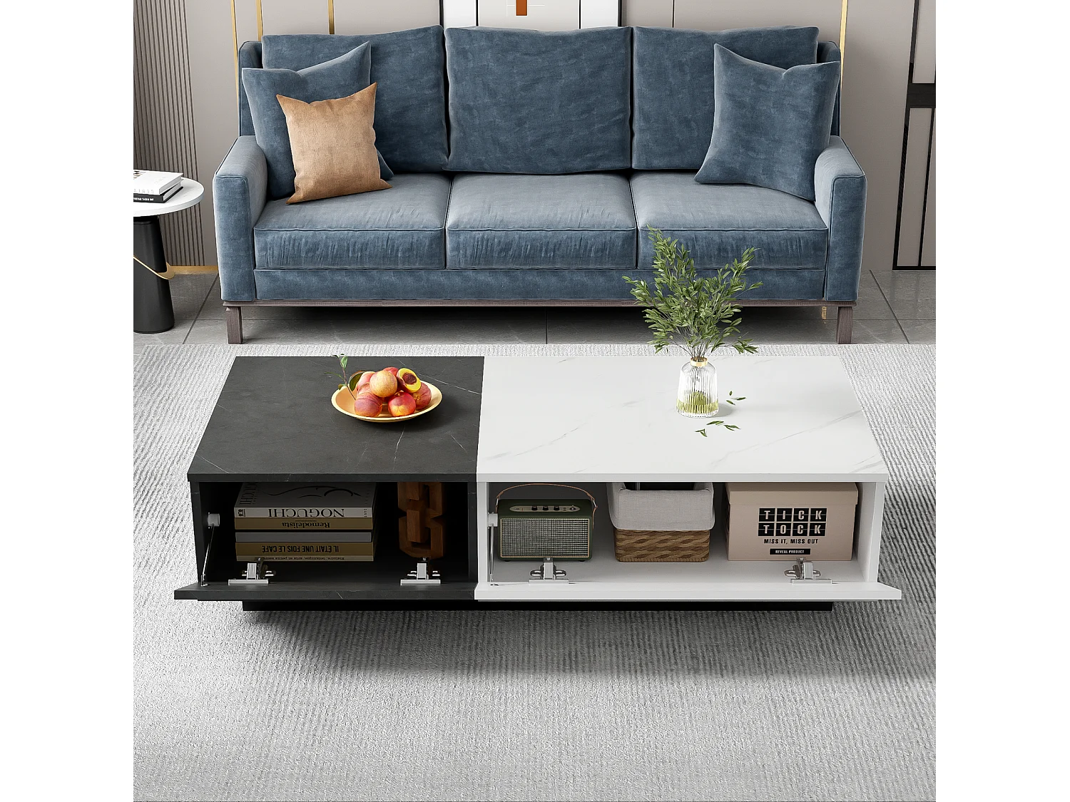 Mesa de centro 110x50x28cm - mesa de chapa efecto mármol, diseño de 2 puertas - aglomerado negro + blanco