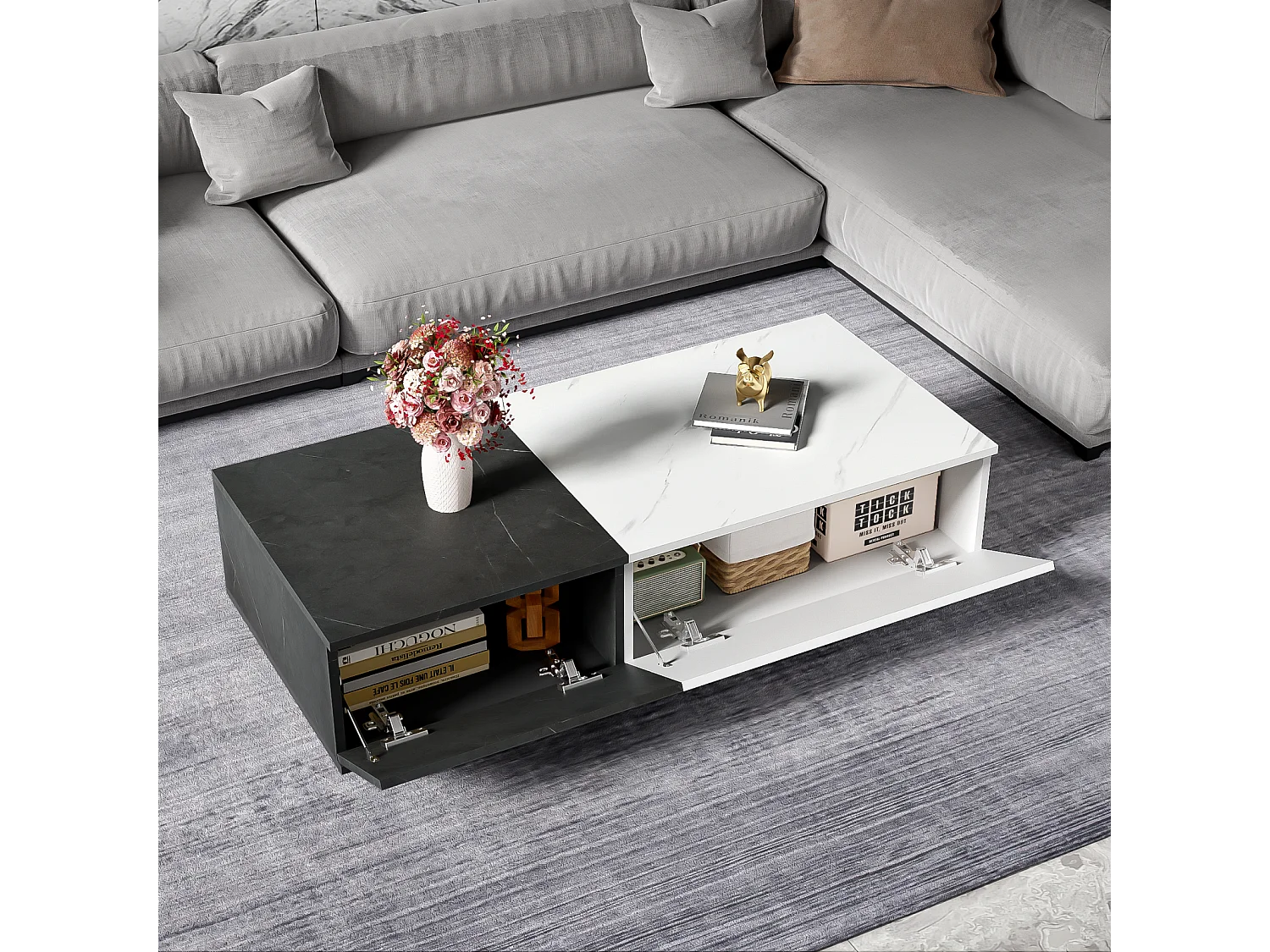 Salontafel 110x50x28cm - marmerlook fineer tafel, 2-deurs design - zwart + wit spaanplaat