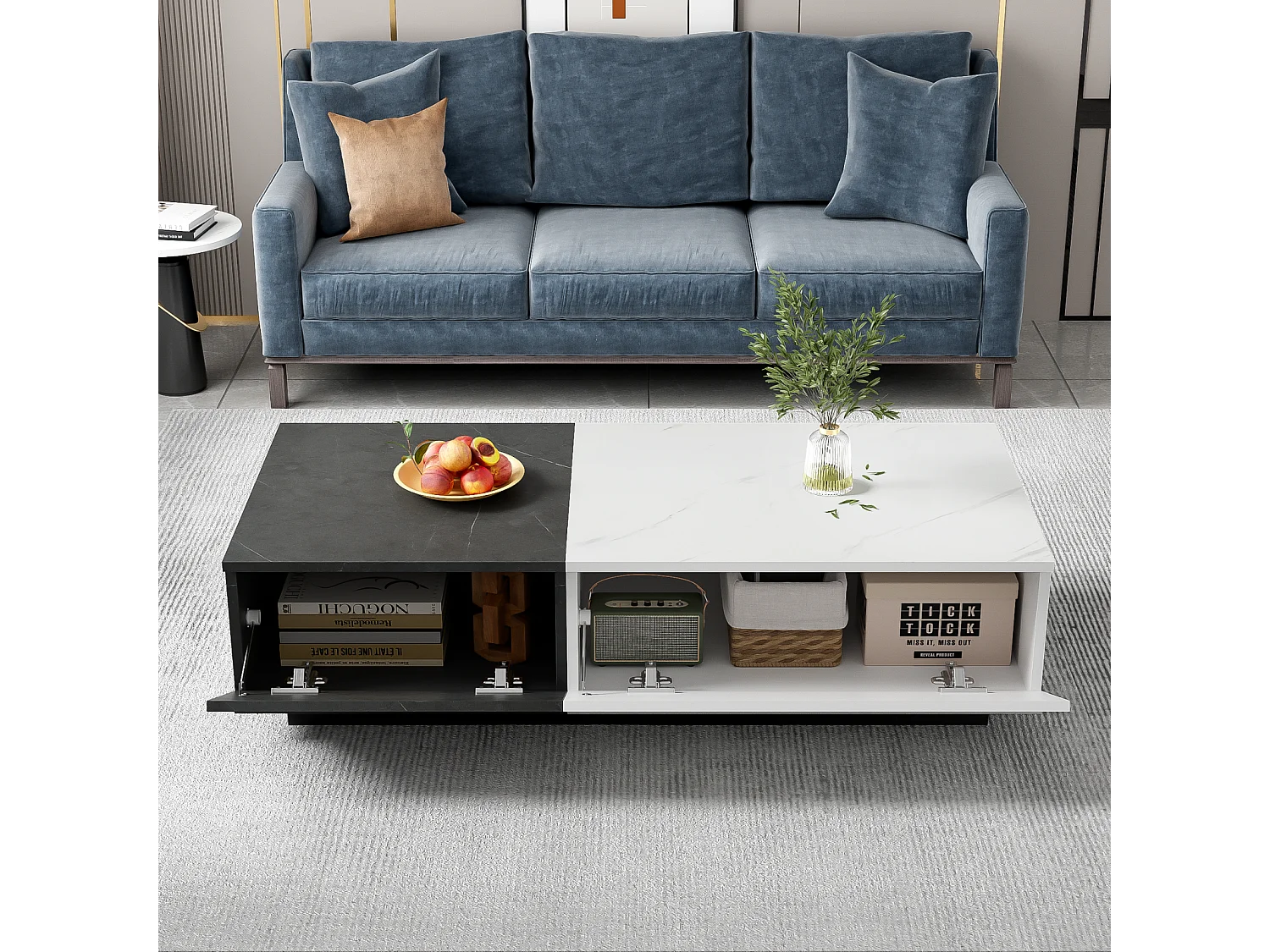 Salontafel 110x50x28cm - marmerlook fineer tafel, 2-deurs design - zwart + wit spaanplaat