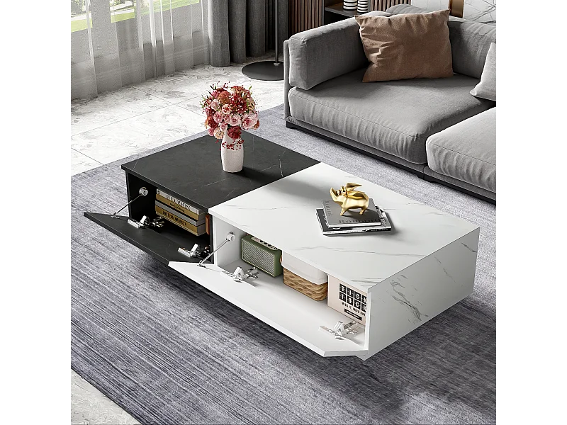 Salontafel 110x50x28cm - marmerlook fineer tafel, 2-deurs design - zwart + wit spaanplaat