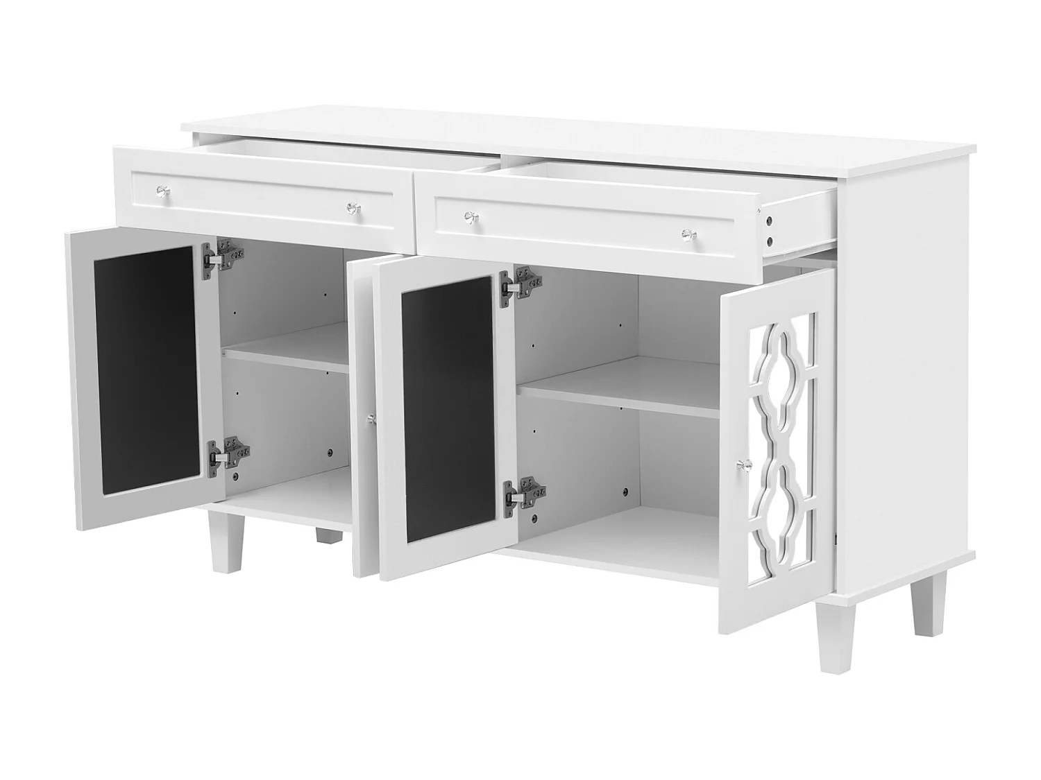Buffet 140x40x83cm - avec 4 portes miroir et 2 tiroirs - étagères réglables et poignées en cristal - Blanc