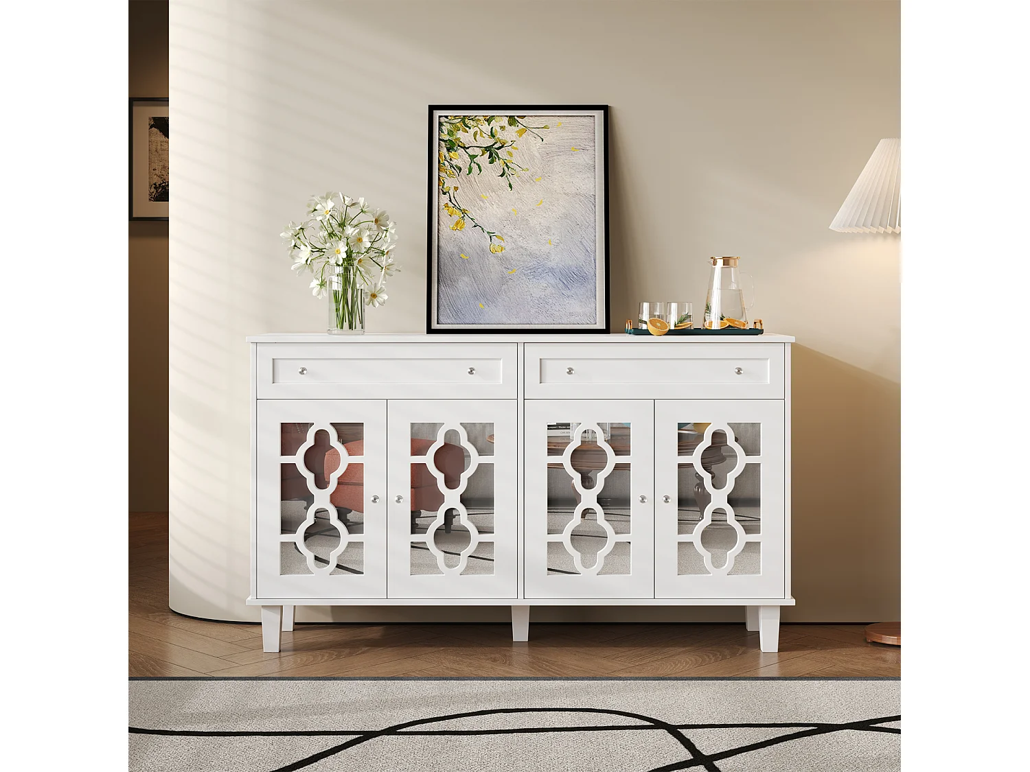 Buffet 140x40x83cm - avec 4 portes miroir et 2 tiroirs - étagères réglables et poignées en cristal - Blanc