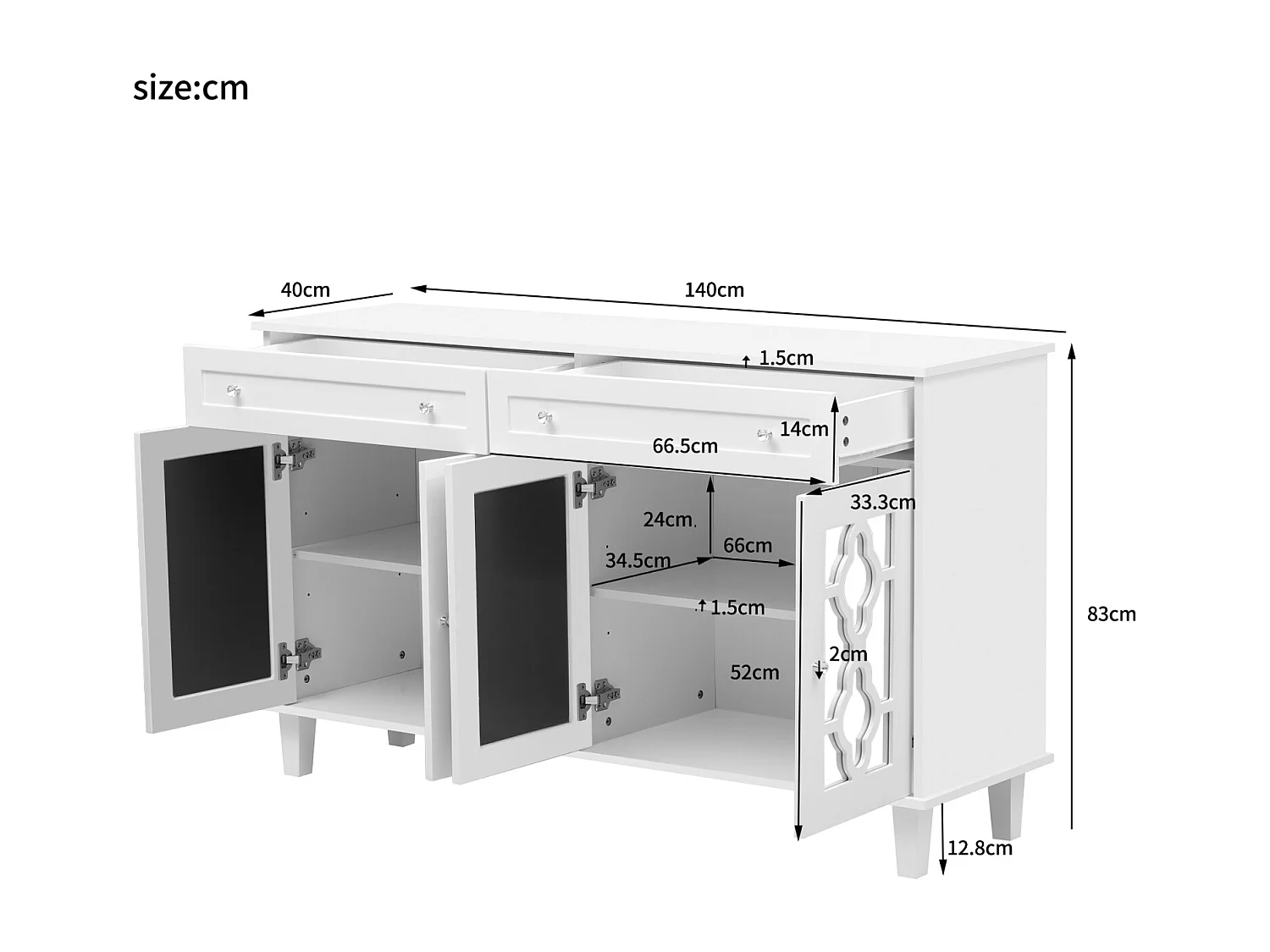 Buffet 140x40x83cm - avec 4 portes miroir et 2 tiroirs - étagères réglables et poignées en cristal - Blanc