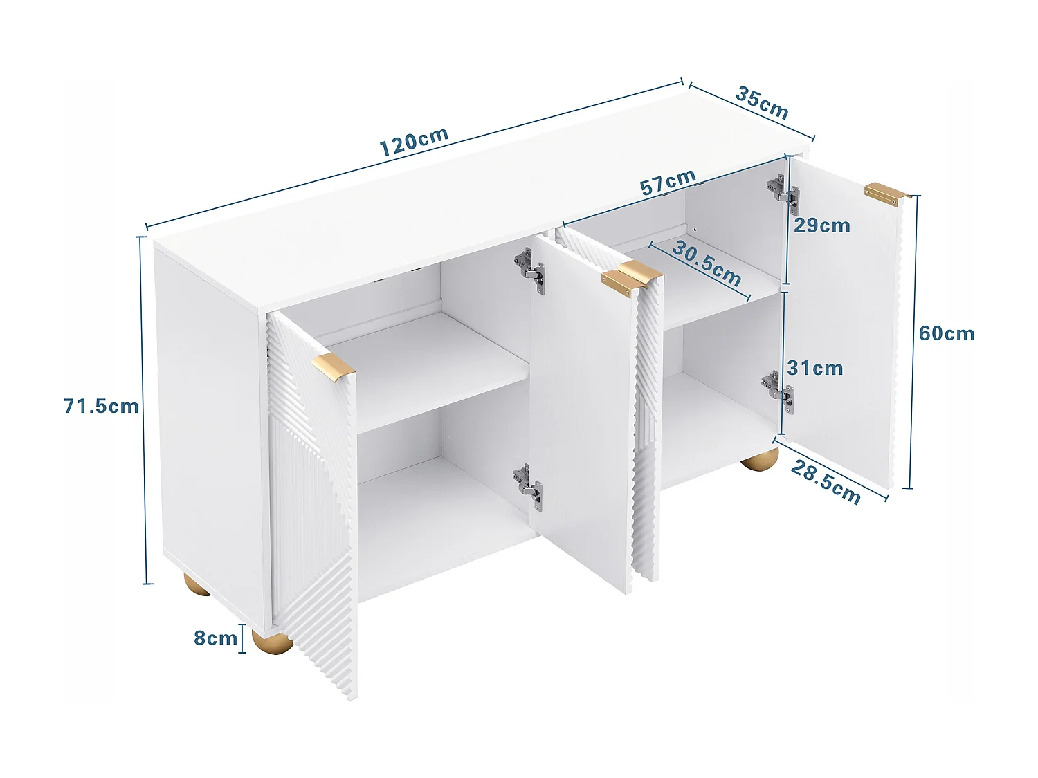 Sideboard mit vier Türen, verstellbaren Innenböden, Metallgriffen und kugelförmigen Beinen, weiß