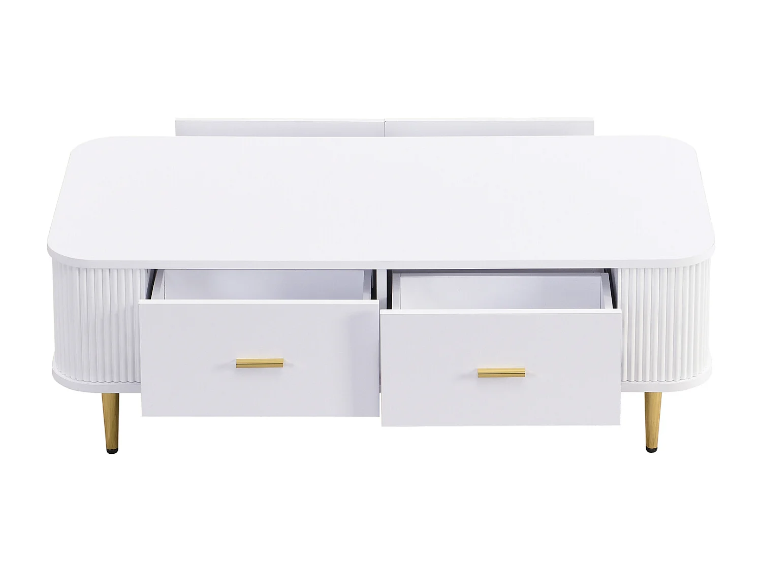 Mesa de centro com 4 gavetas 105x51x38cm - mesa de sala com cantos curvos e laterais onduladas - em MDF branco