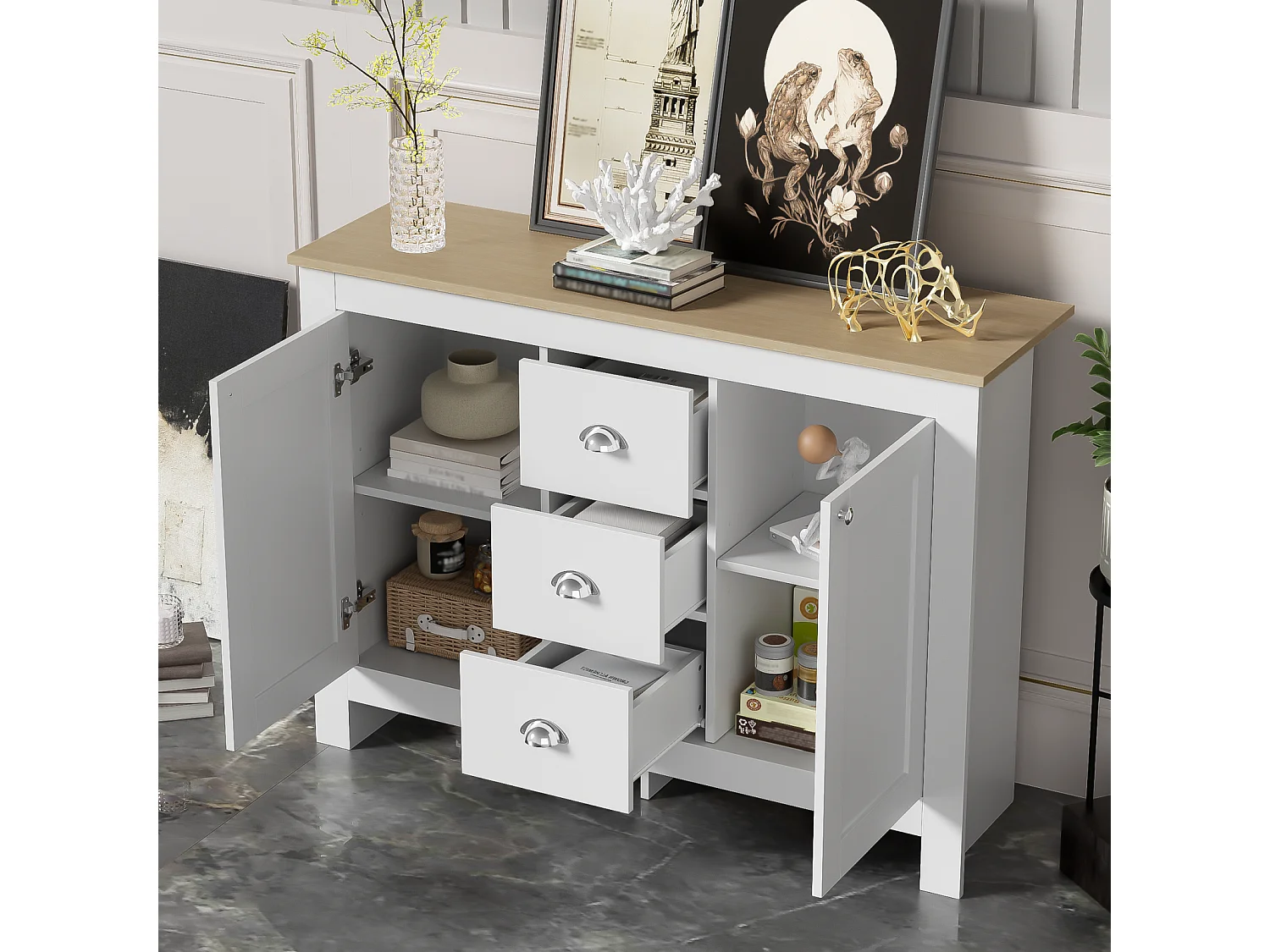 Aparador de madeira branco - Somubi - com 2 portas e 3 gavetas - puxadores prateados - prateleiras reguláveis - 116 x 35 x 81 cm