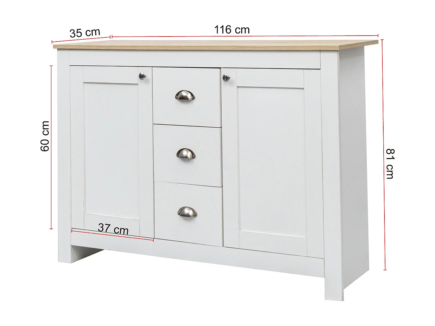 Buffet en bois blanc - Somubi - avec 2 portes et 3 tiroirs - poignées argentées - étagères réglables - 116 x 35 x 81 cm