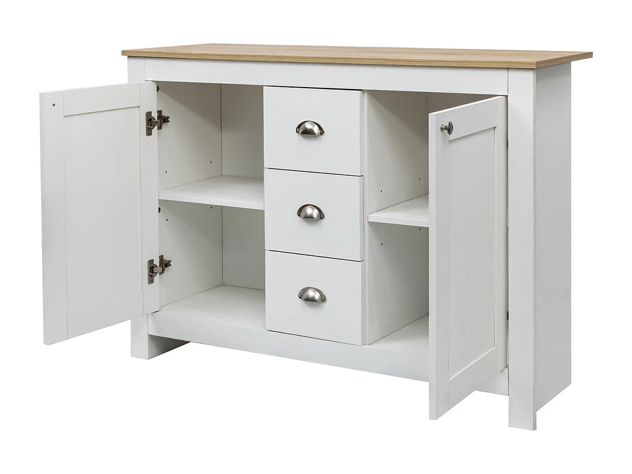 Buffet en bois blanc - Somubi - avec 2 portes et 3 tiroirs - poignées argentées - étagères réglables - 116 x 35 x 81 cm