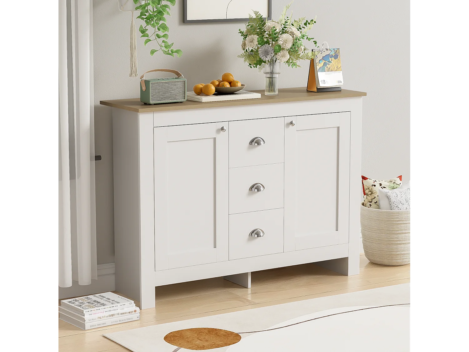 Buffet en bois blanc - Somubi - avec 2 portes et 3 tiroirs - poignées argentées - étagères réglables - 116 x 35 x 81 cm