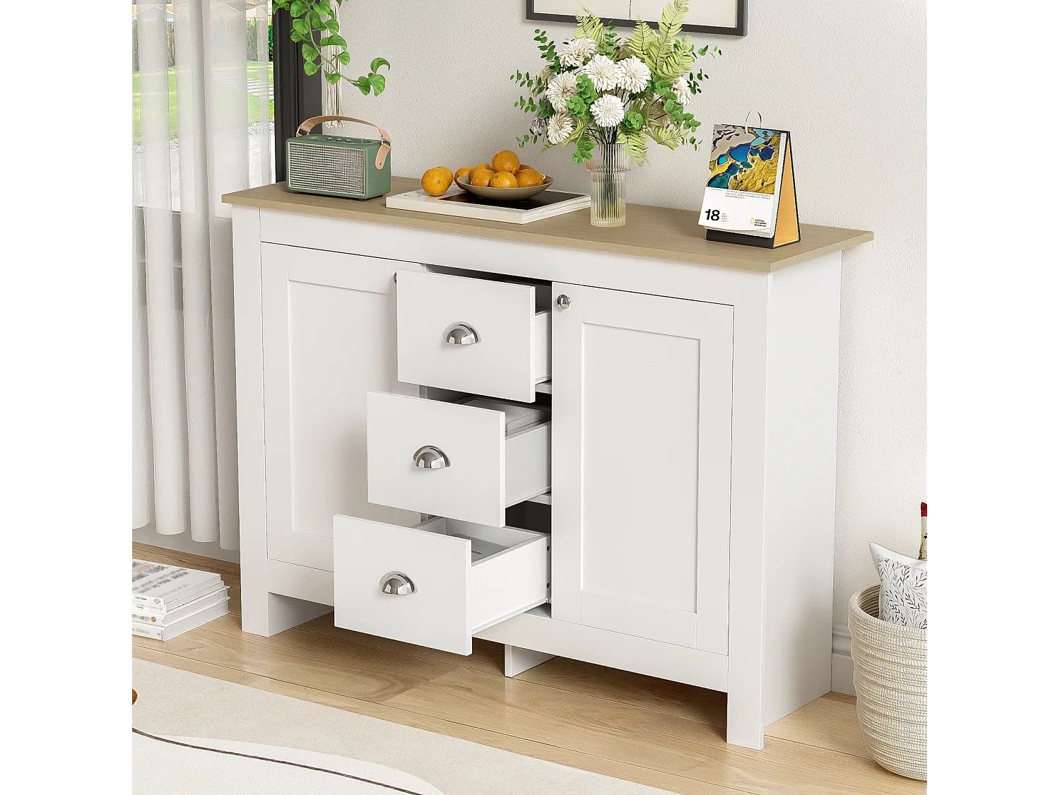 Buffet en bois blanc - Somubi - avec 2 portes et 3 tiroirs - poignées argentées - étagères réglables - 116 x 35 x 81 cm