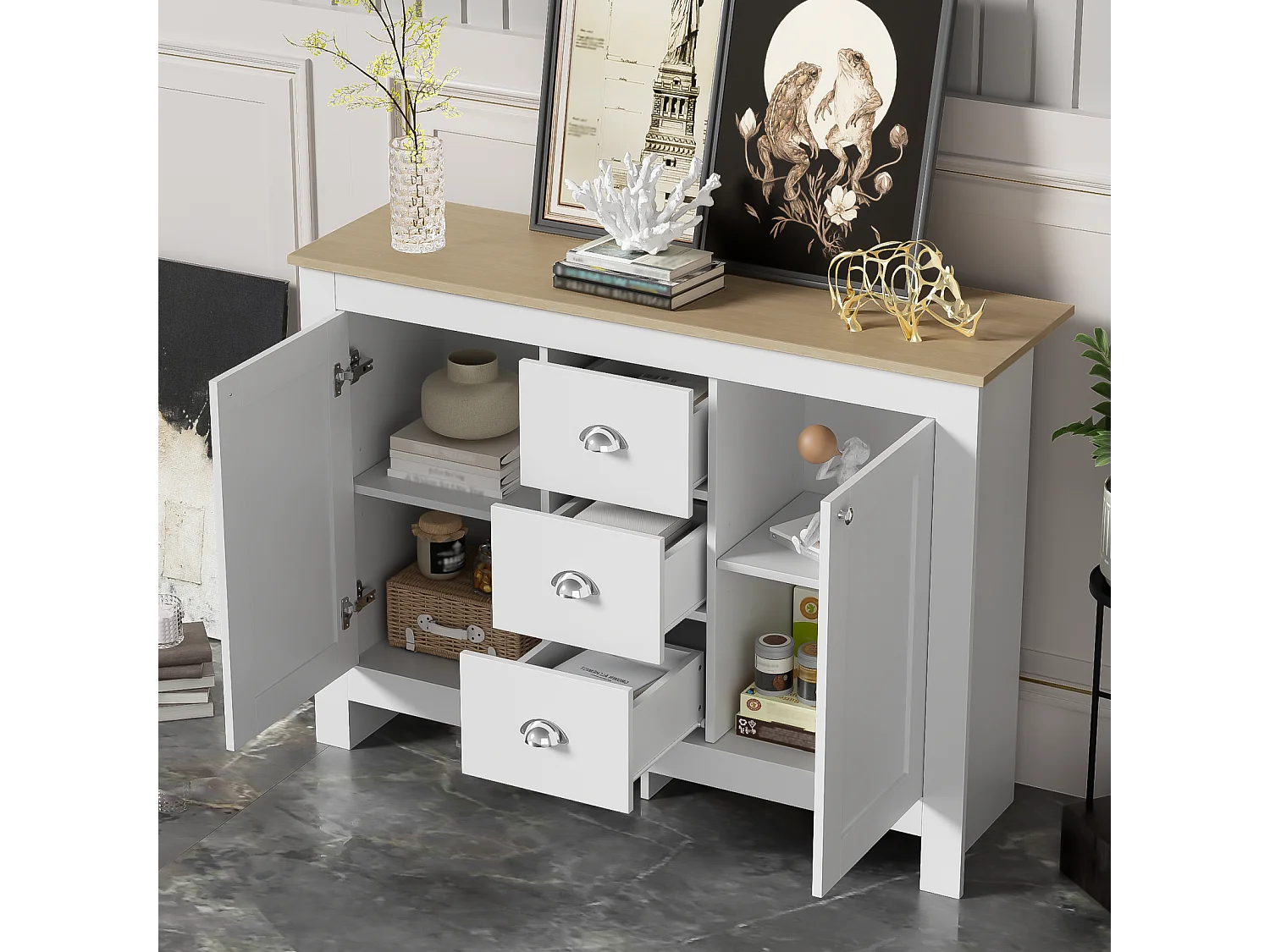 Buffet en bois blanc - Somubi - avec 2 portes et 3 tiroirs - poignées argentées - étagères réglables - 116 x 35 x 81 cm