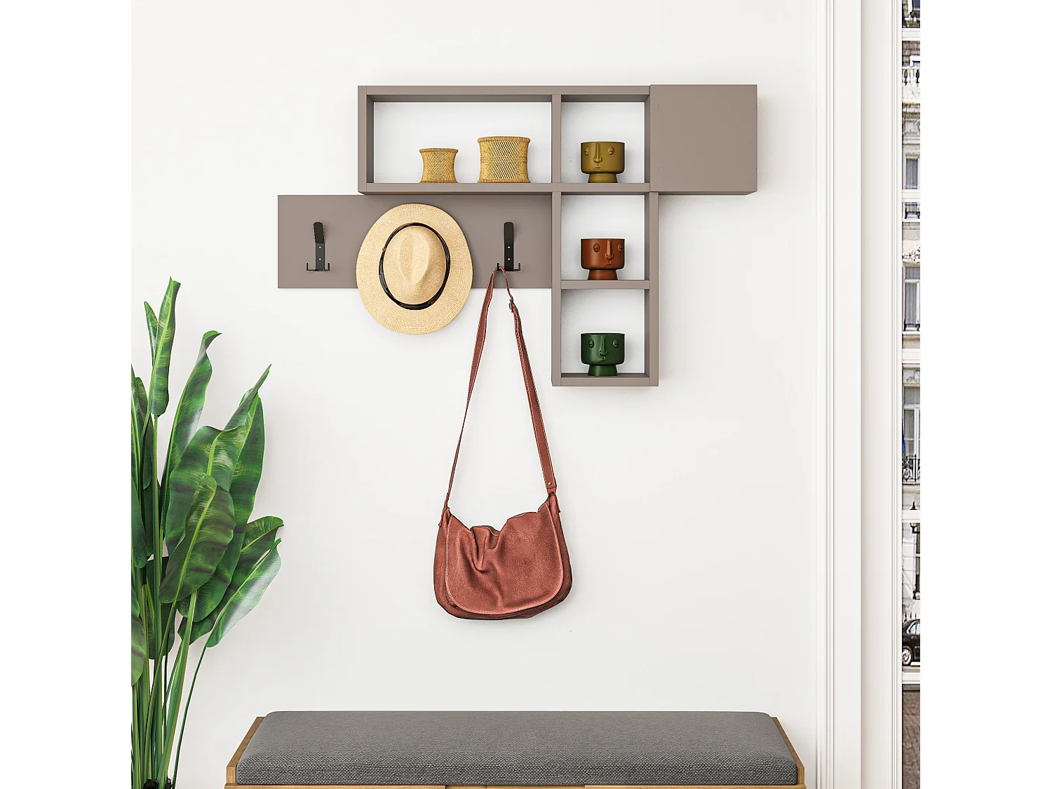 Decortie Gris Moka 15x99.5x61cm Porte-manteau mural avec 3 crochets, panneau de particules, métal Rangement Game