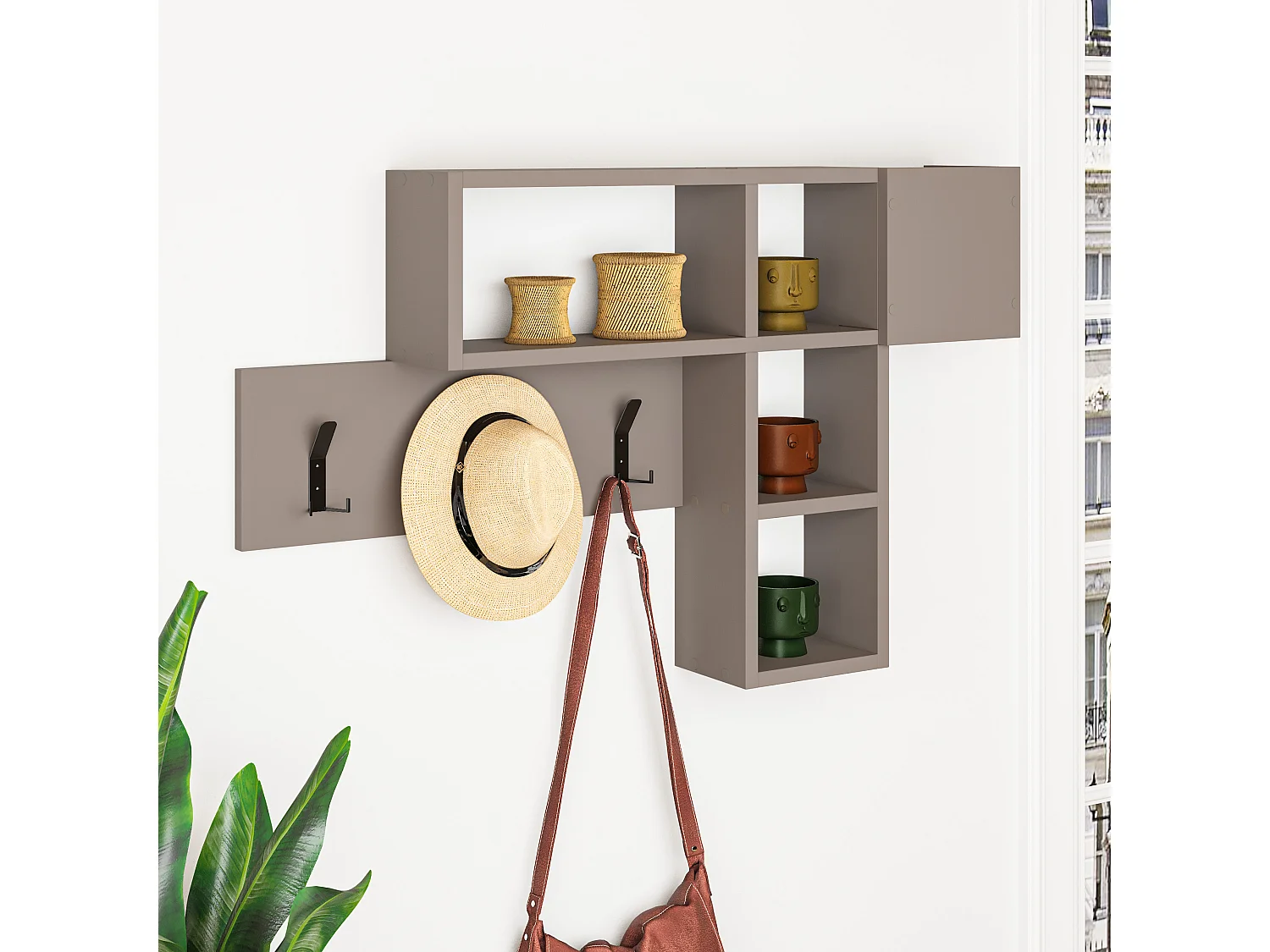 Decortie Gris Moka 15x99.5x61cm Porte-manteau mural avec 3 crochets, panneau de particules, métal Rangement Game