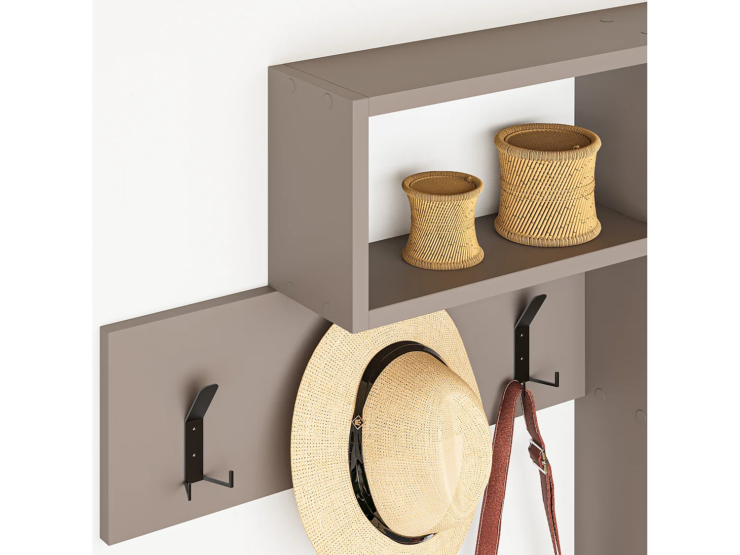 Decortie Gris Moka 15x99.5x61cm Porte-manteau mural avec 3 crochets, panneau de particules, métal Rangement Game