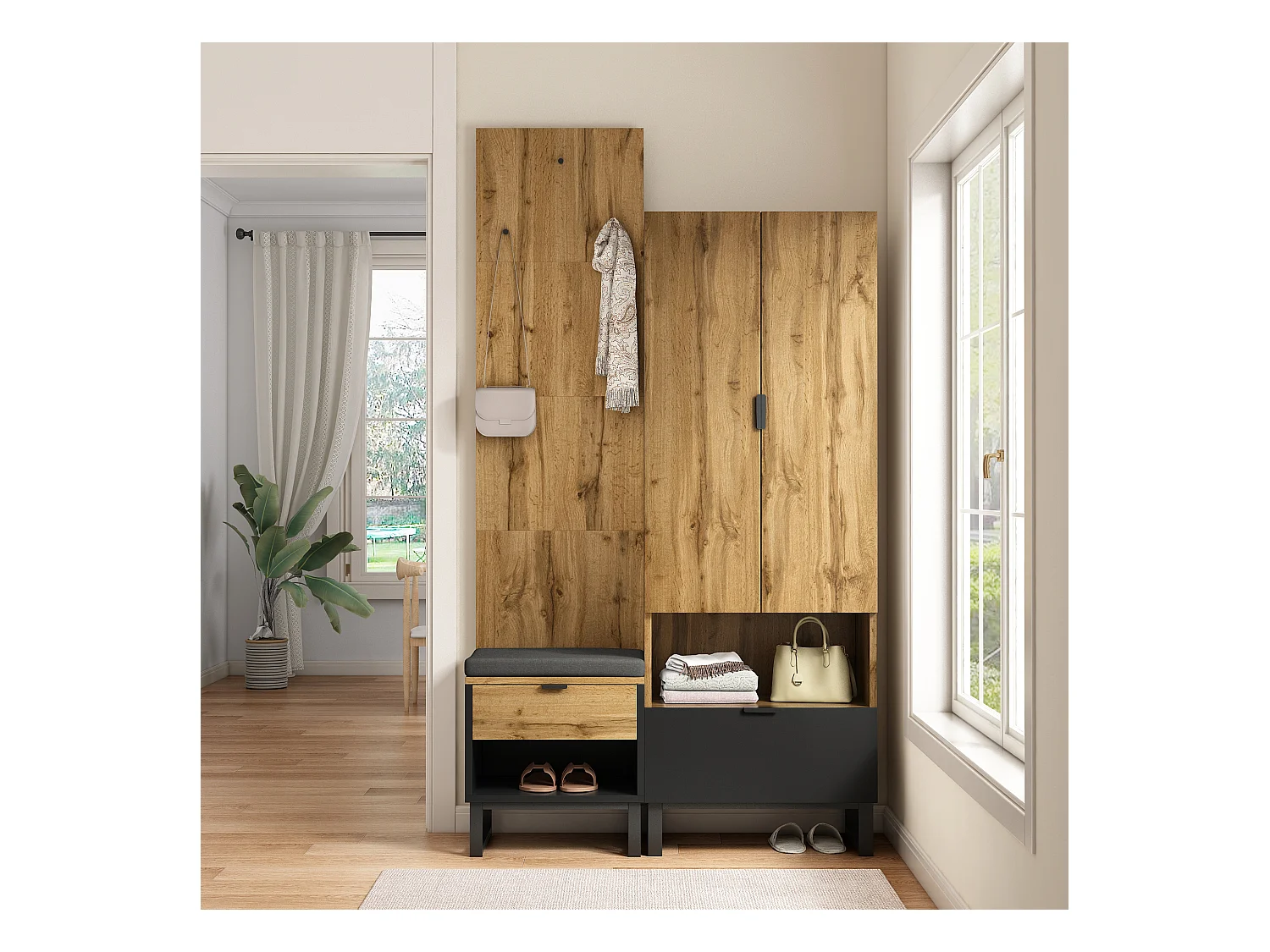 Ensemble armoire avec banc à chaussures et coussins, accessoires suspendus en façade, tiroirs et étagères réglables Noir