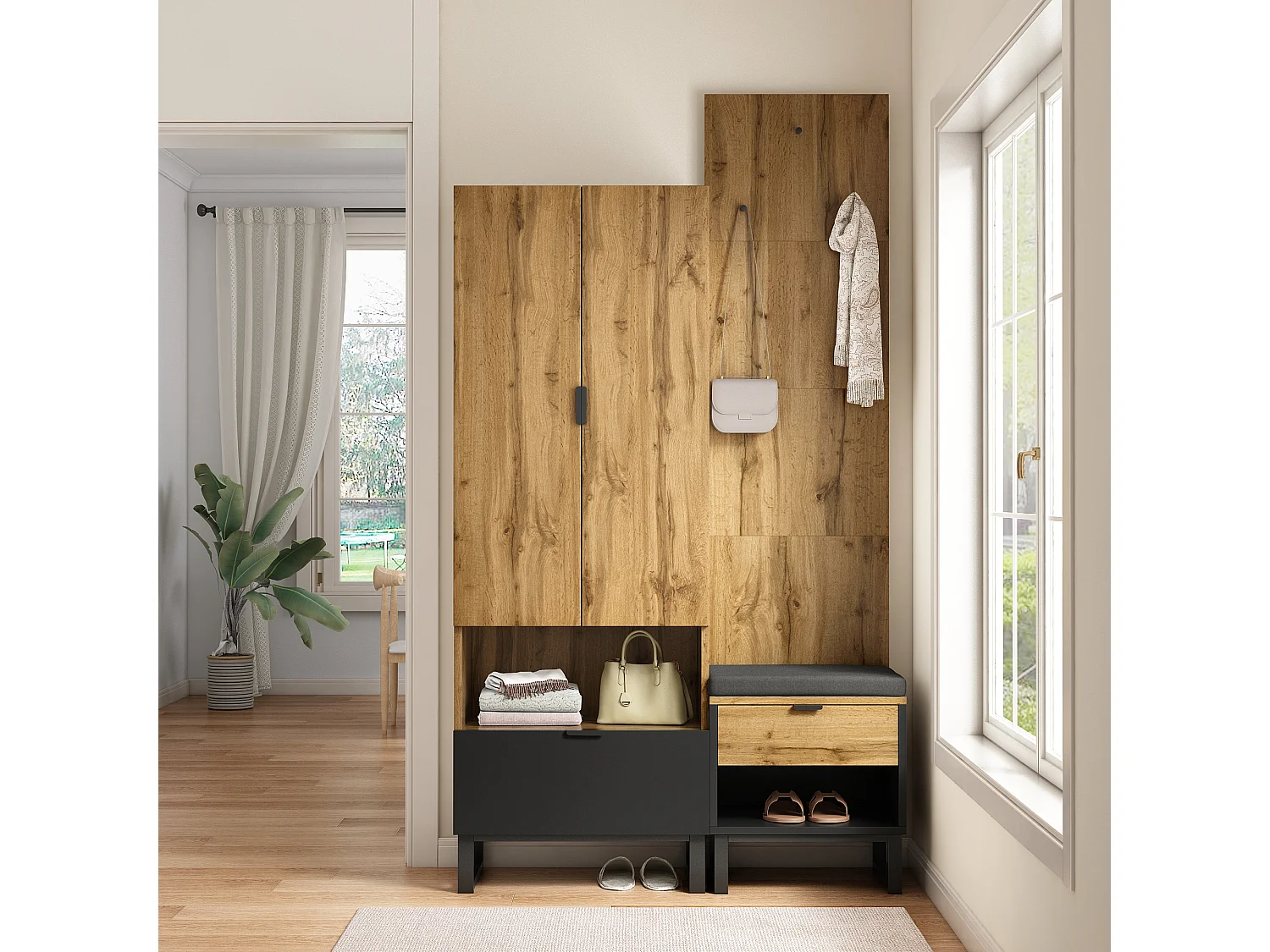 Ensemble armoire avec banc à chaussures et coussins, accessoires suspendus en façade, tiroirs et étagères réglables Noir