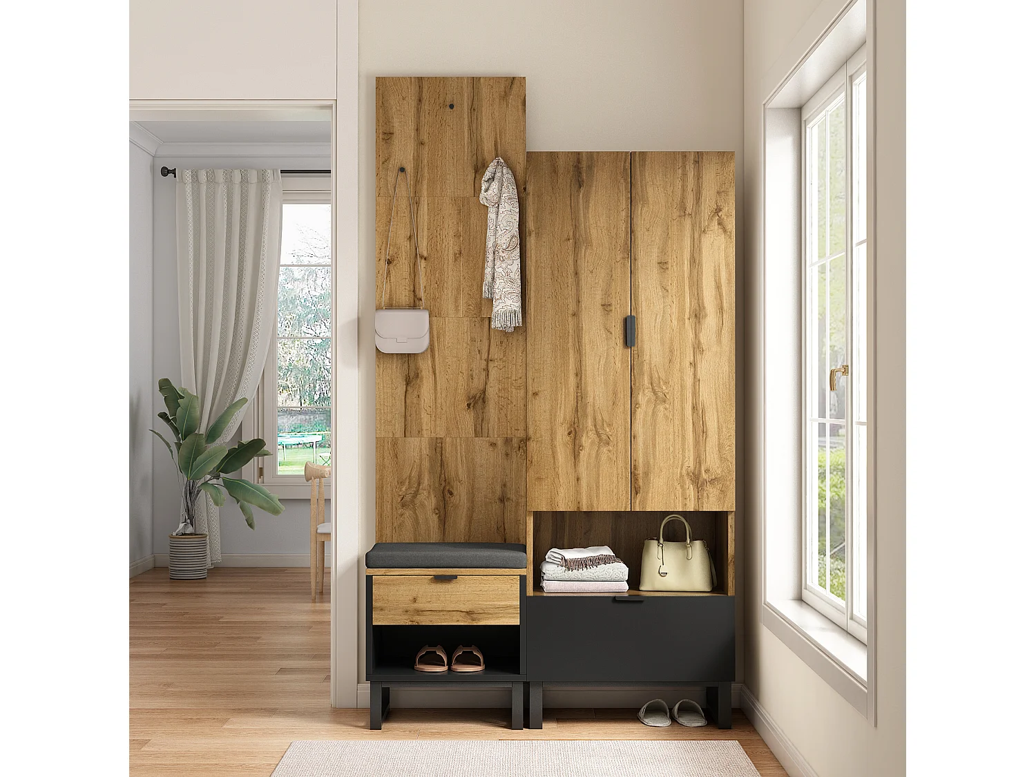 Ensemble armoire avec banc à chaussures et coussins, accessoires suspendus en façade, tiroirs et étagères réglables Noir