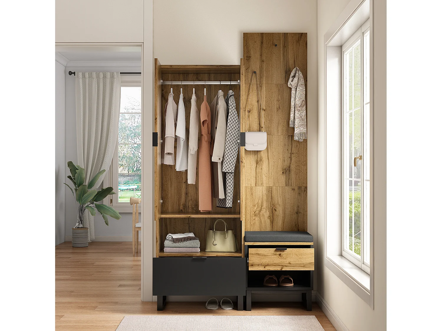 Ensemble armoire avec banc à chaussures et coussins, accessoires suspendus en façade, tiroirs et étagères réglables Noir