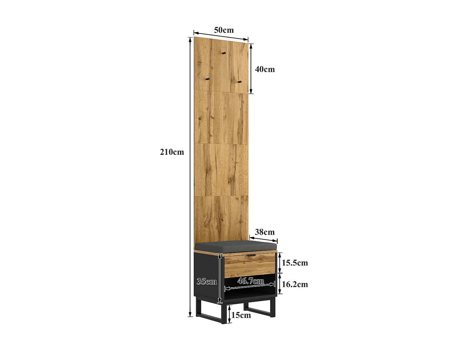 Ensemble armoire avec banc à chaussures et coussins, accessoires suspendus en façade, tiroirs et étagères réglables Noir