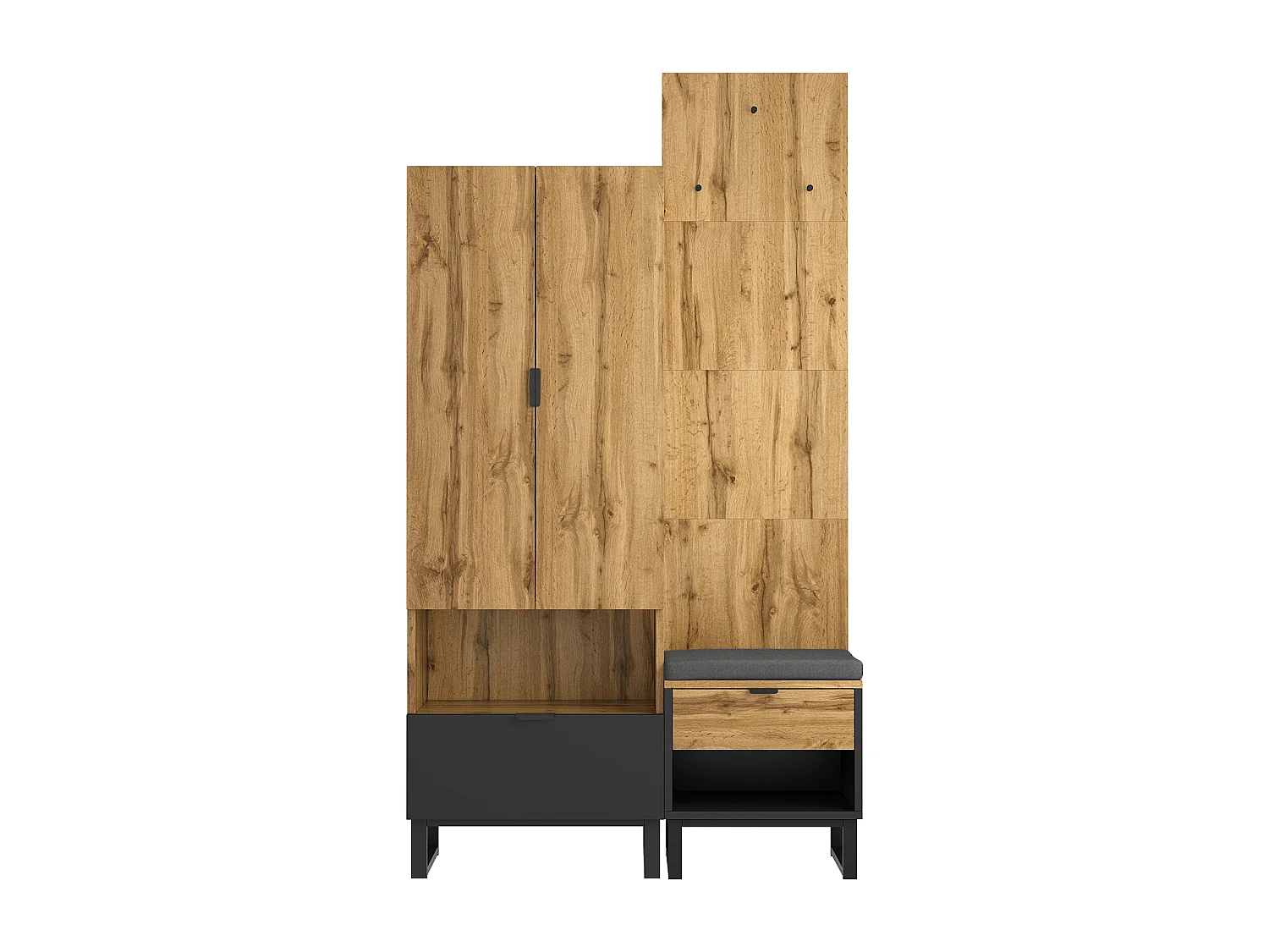Ensemble armoire avec banc à chaussures et coussins, accessoires suspendus en façade, tiroirs et étagères réglables Noir