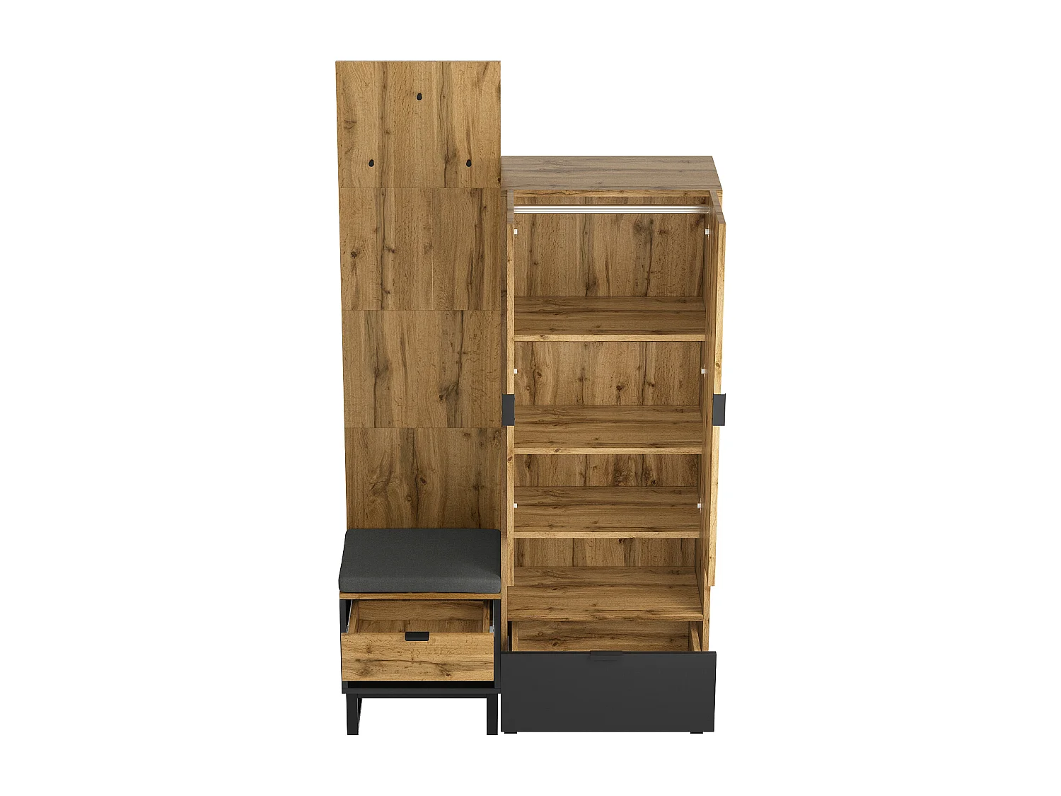 Ensemble armoire avec banc à chaussures et coussins, accessoires suspendus en façade, tiroirs et étagères réglables Noir