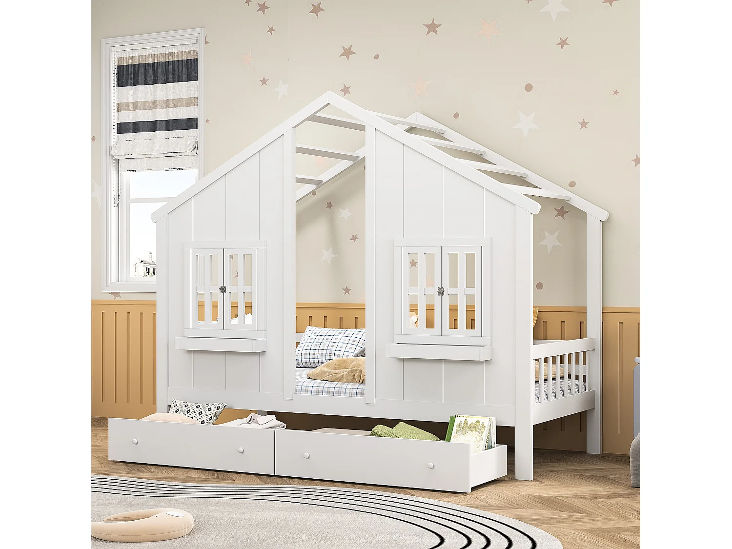 Kinderbedframe 90 x 200 cm met 2 lades, Massief hout, Wit