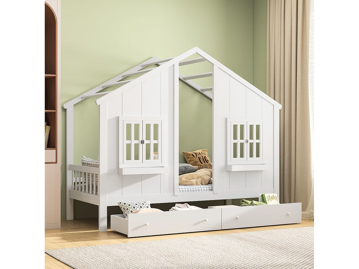 Kinderbedframe 90 x 200 cm met 2 lades, Massief hout, Wit