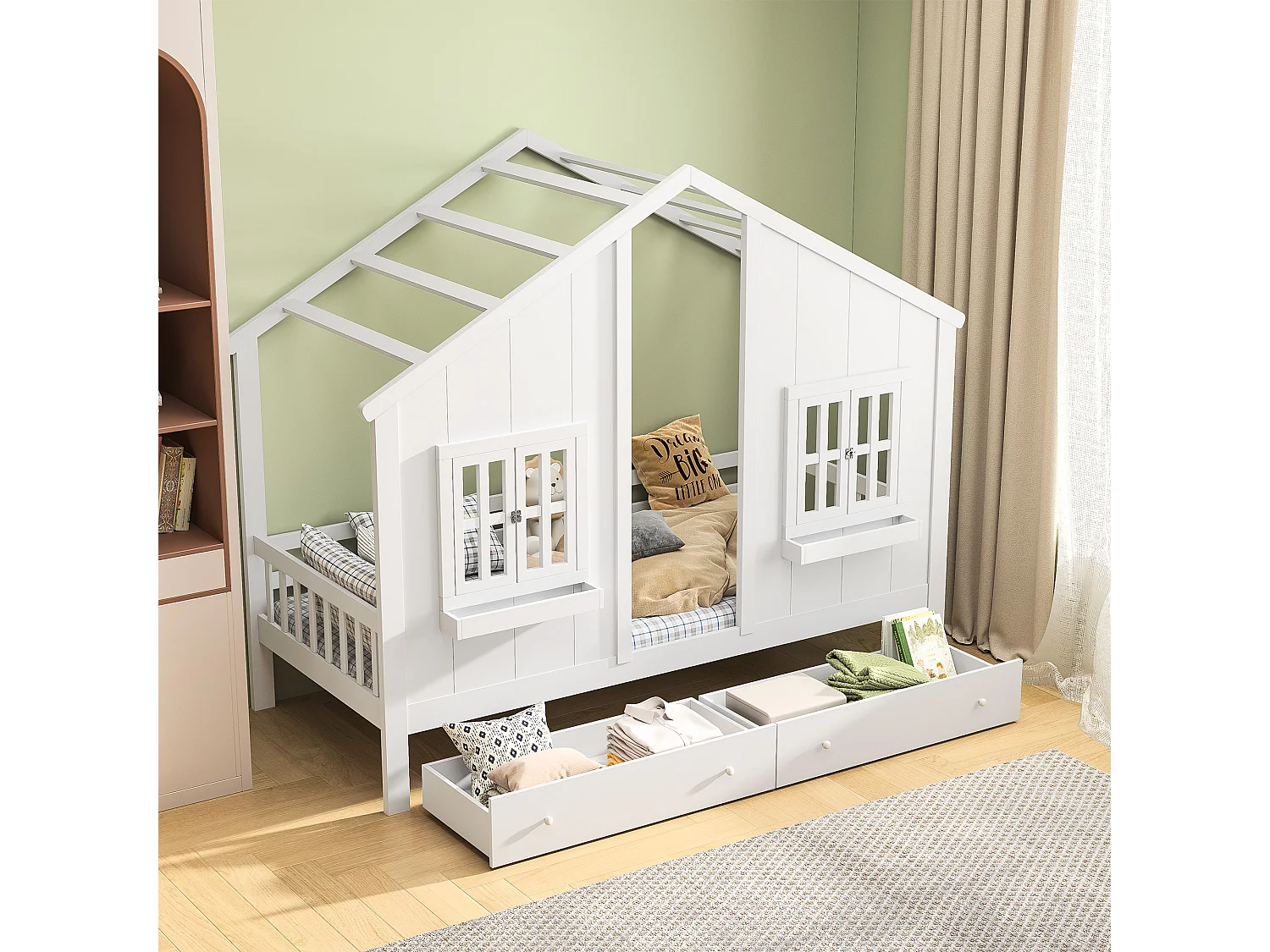 Kinderbedframe 90 x 200 cm met 2 lades, Massief hout, Wit