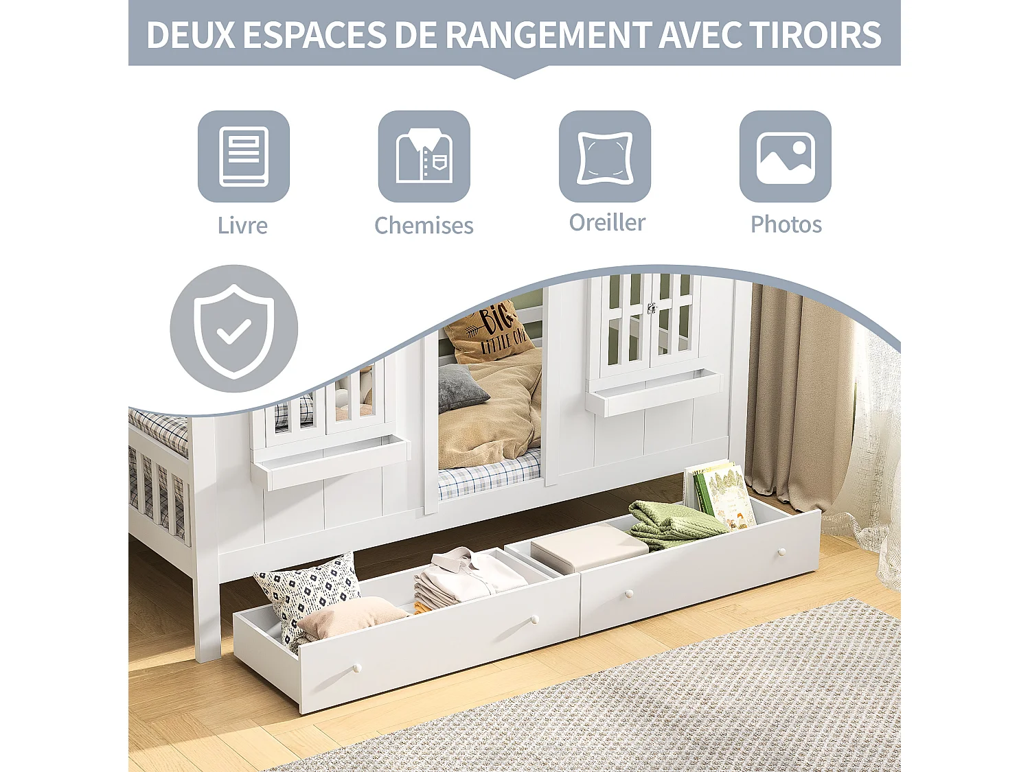 Kinderbedframe 90 x 200 cm met 2 lades, Massief hout, Wit