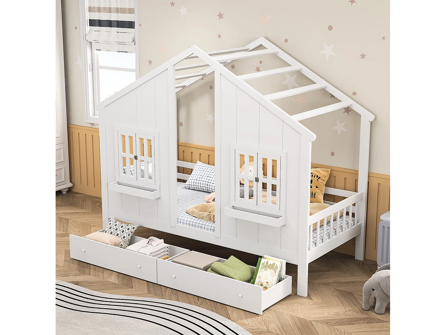 Kinderbedframe 90 x 200 cm met 2 lades, Massief hout, Wit