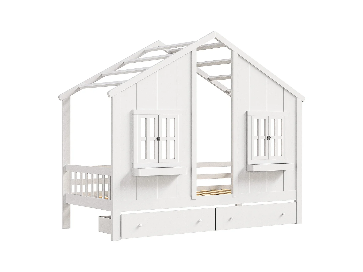 Cadre de lit Enfants 90 x 200 cm avec 2 tiroirs, Bois massif, Blanc