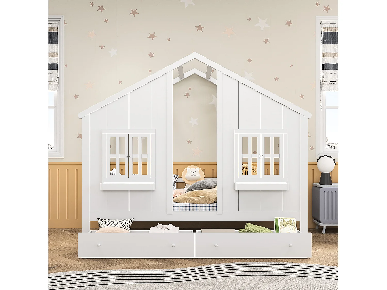 Cama de criança 90 x 200 cm com 2 gavetas, Madeira maciça, Branco