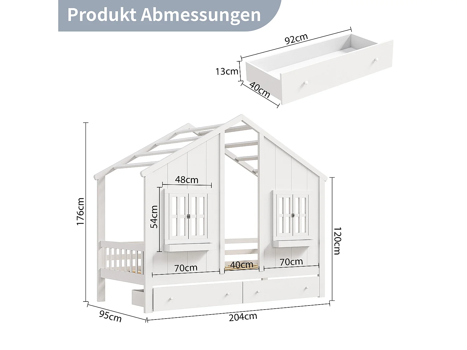 Cama de criança 90 x 200 cm com 2 gavetas, Madeira maciça, Branco