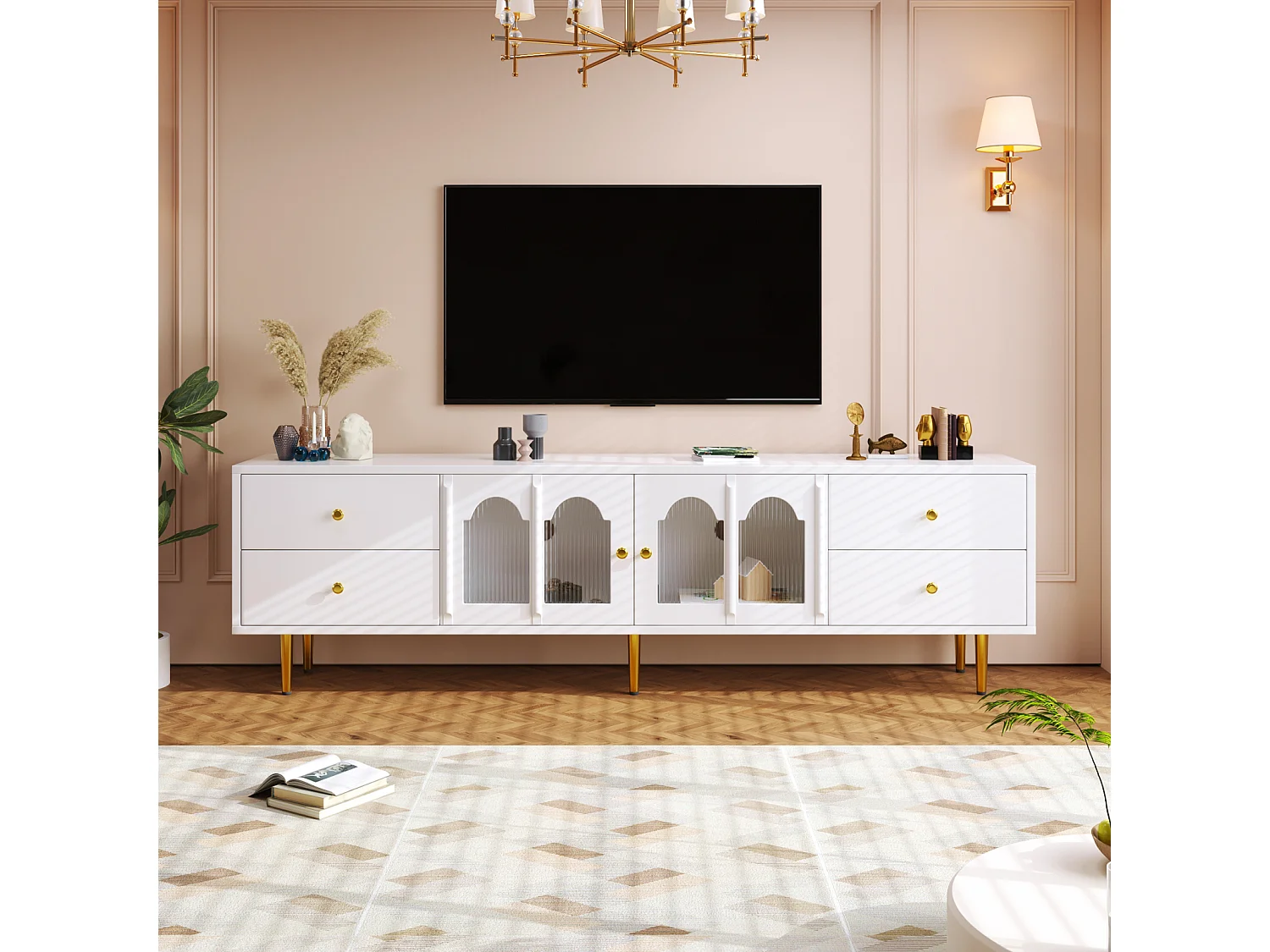 Móvel TV 170x38x50cm - Armário com 4 gavetas e 2 portas de vidro curvo - puxadores e pés dourados - MDF branco