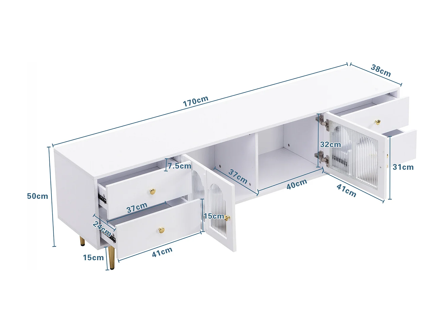 Móvel TV 170x38x50cm - Armário com 4 gavetas e 2 portas de vidro curvo - puxadores e pés dourados - MDF branco