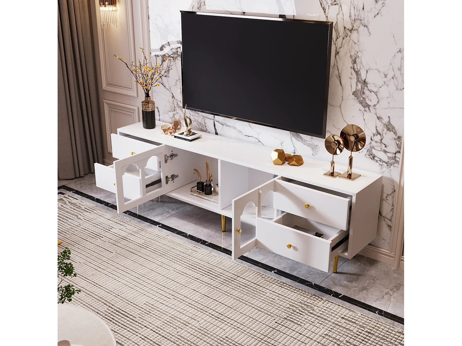 Móvel TV 170x38x50cm - Armário com 4 gavetas e 2 portas de vidro curvo - puxadores e pés dourados - MDF branco