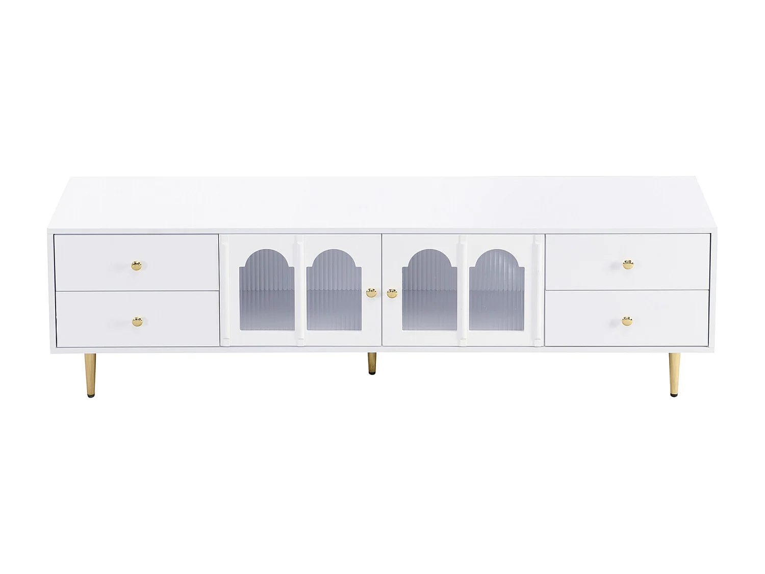 Móvel TV 170x38x50cm - Armário com 4 gavetas e 2 portas de vidro curvo - puxadores e pés dourados - MDF branco