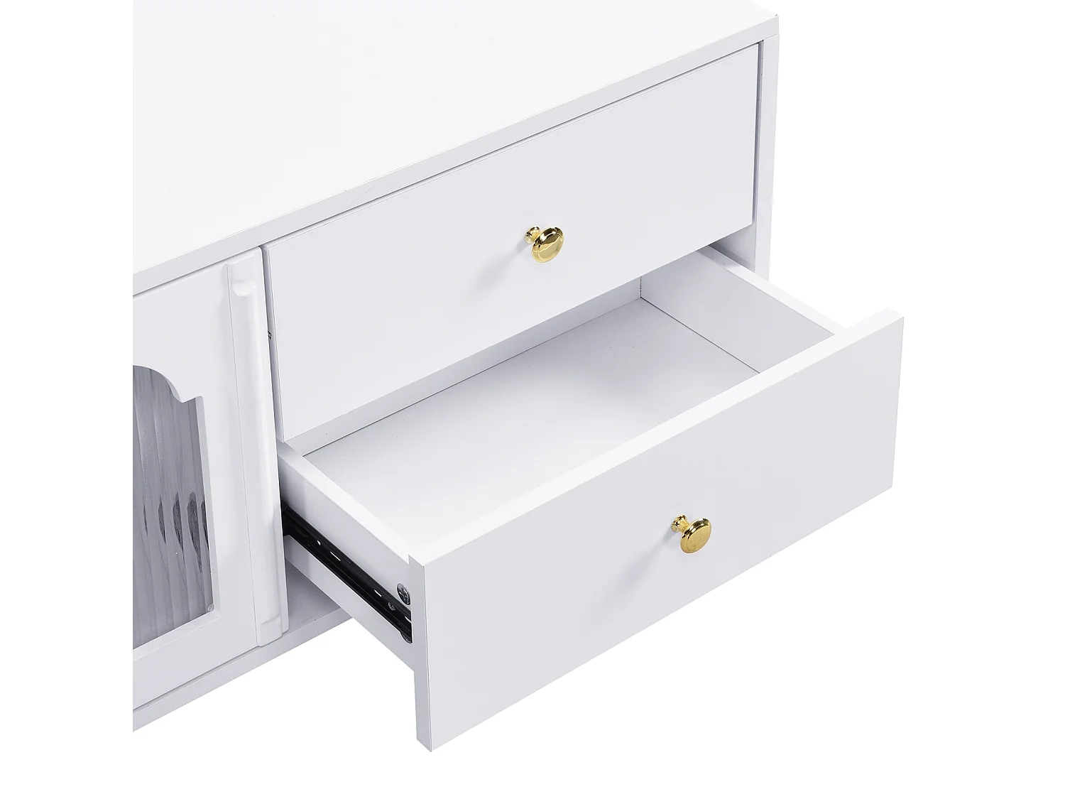 Móvel TV 170x38x50cm - Armário com 4 gavetas e 2 portas de vidro curvo - puxadores e pés dourados - MDF branco