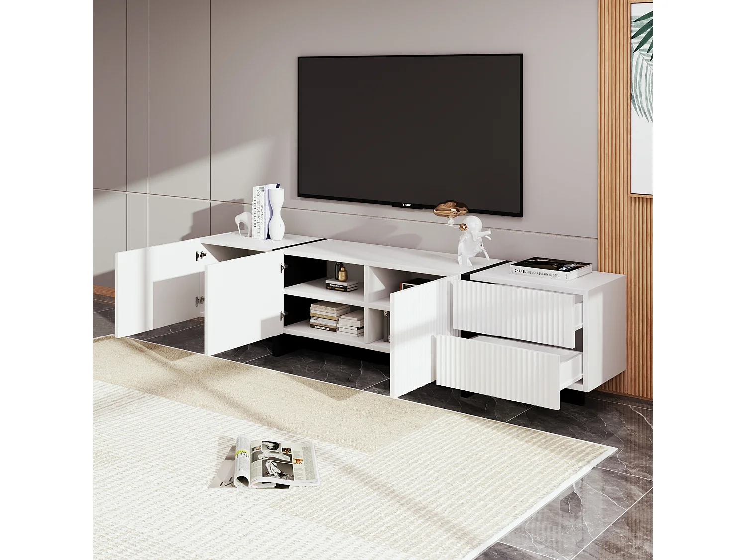 Meuble TV 190x35x45cm - avec 3 portes 2 tiroirs - grain doré et bois - MDF+PB - Blanc+Noir