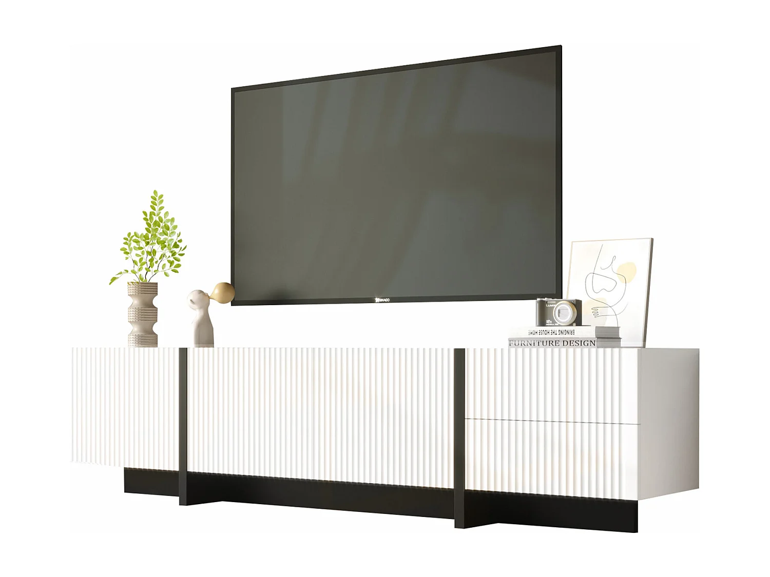 Meuble TV 190x35x45cm - avec 3 portes 2 tiroirs - grain doré et bois - MDF+PB - Blanc+Noir