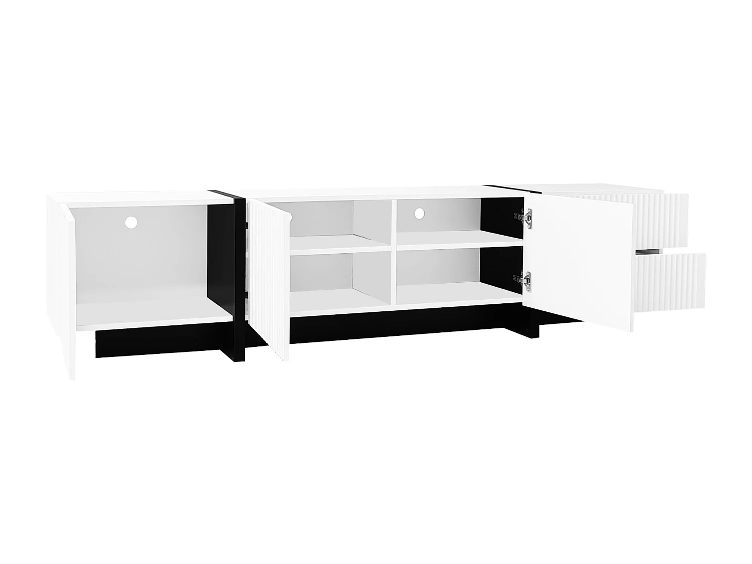 Meuble TV 190x35x45cm - avec 3 portes 2 tiroirs - grain doré et bois - MDF+PB - Blanc+Noir