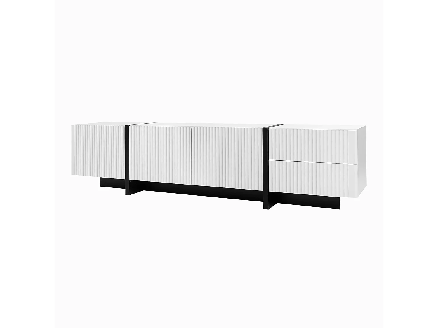 Meuble TV 190x35x45cm - avec 3 portes 2 tiroirs - grain doré et bois - MDF+PB - Blanc+Noir