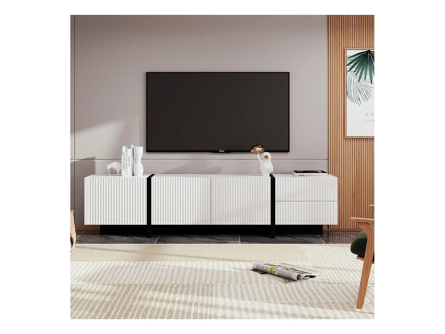 Meuble TV 190x35x45cm - avec 3 portes 2 tiroirs - grain doré et bois - MDF+PB - Blanc+Noir