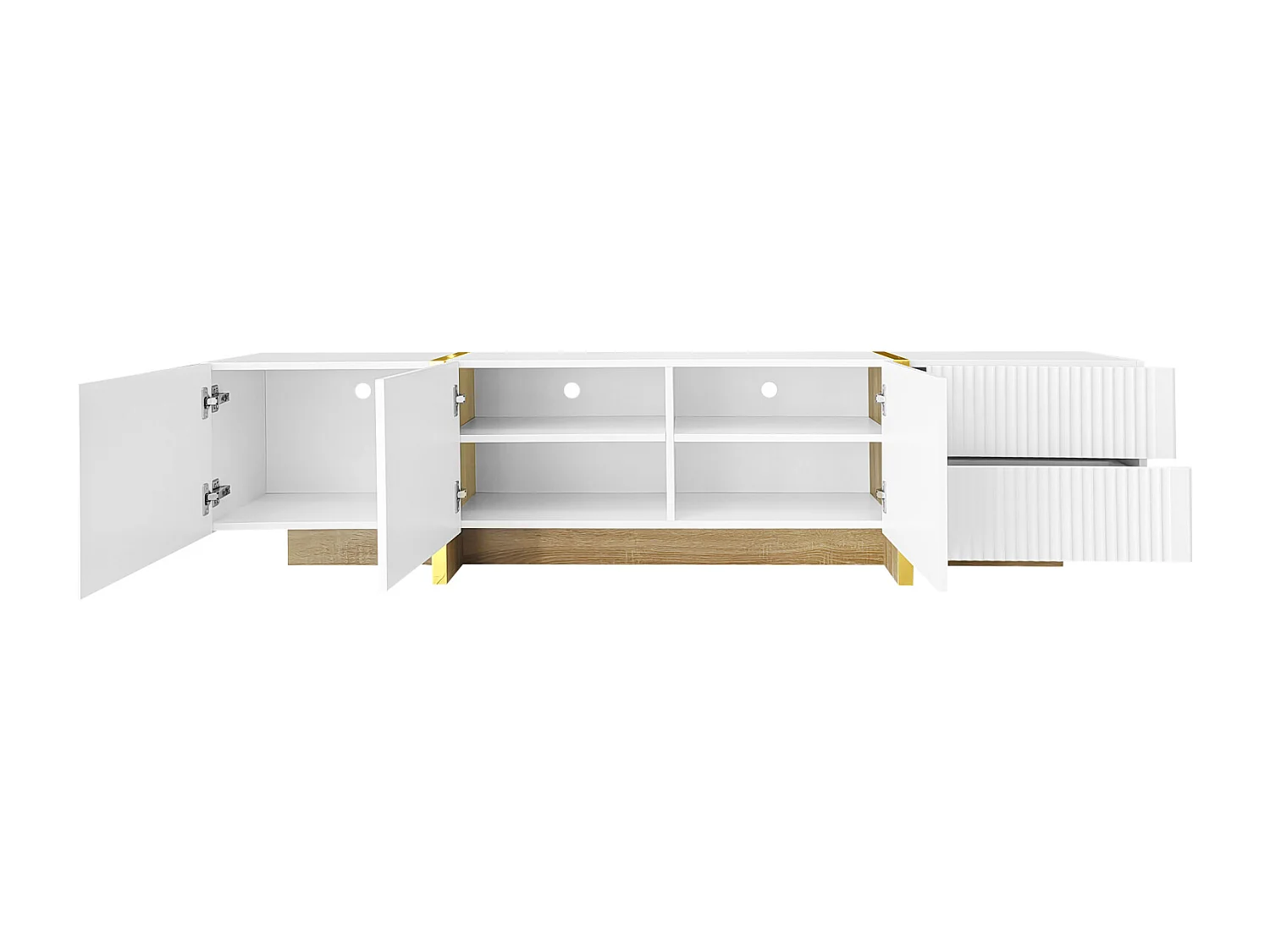 Meuble TV 190x35x45cm - avec 3 portes 2 tiroirs - grain doré et bois - MDF+PB - Blanc+Doré