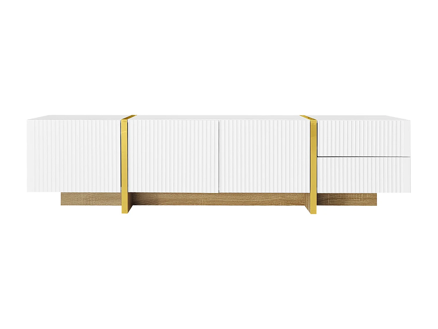 Meuble TV 190x35x45cm - avec 3 portes 2 tiroirs - grain doré et bois - MDF+PB - Blanc+Doré