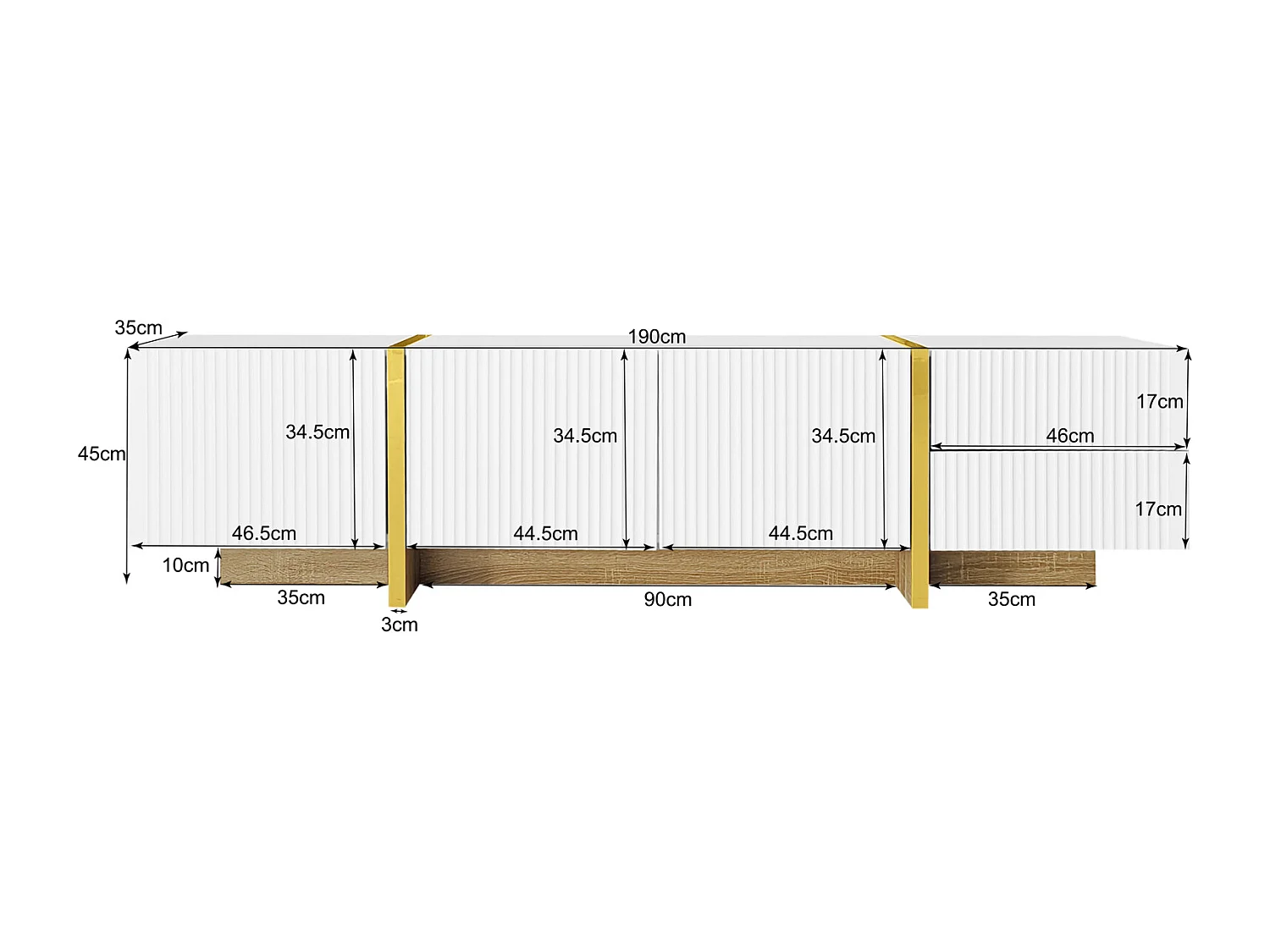 Meuble TV 190x35x45cm - avec 3 portes 2 tiroirs - grain doré et bois - MDF+PB - Blanc+Doré